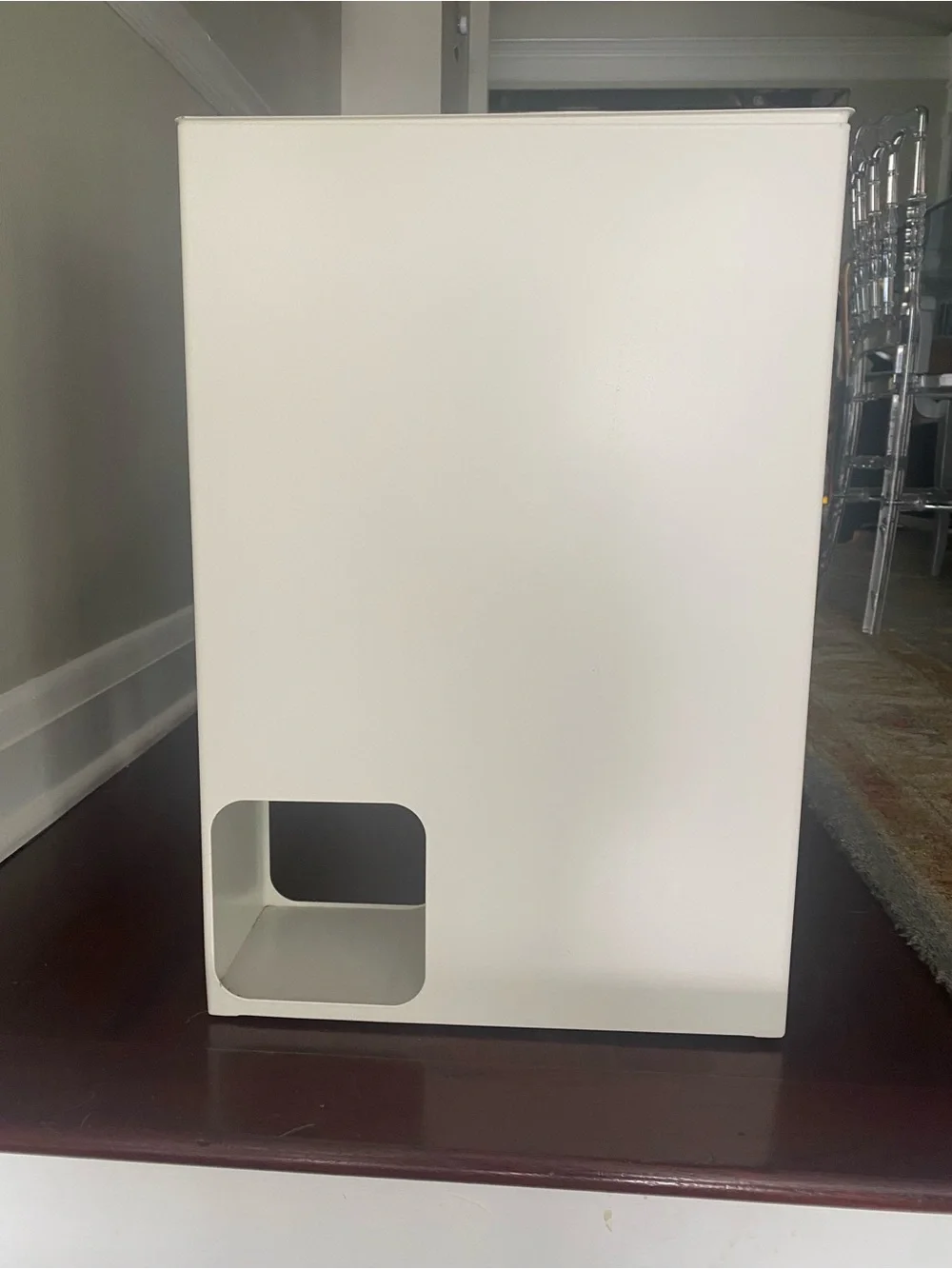 Modern White Metal Storage Cube with Tissue Paper Cutout and Lid